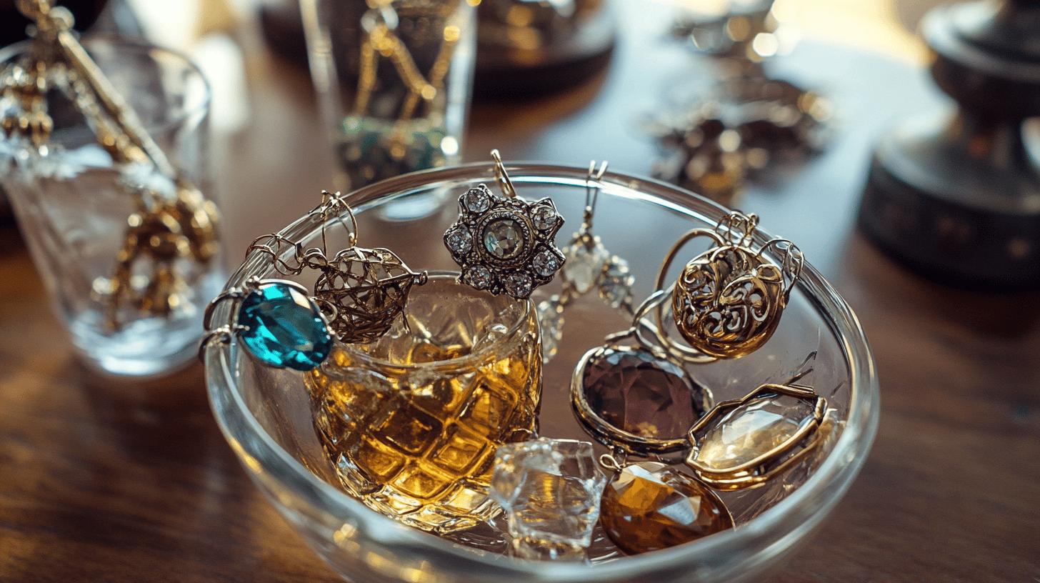 a glass bowl pictured on top a dark background, within the bowl is various shades of different necklace pendants.