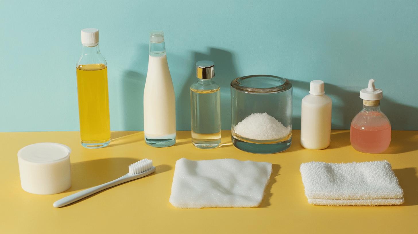 a yellow worktop, with a blue wall behind it, showcasing a variety of tools that can be used to clean your earrings, including a brush, salt, vinegar, baking soda and more.