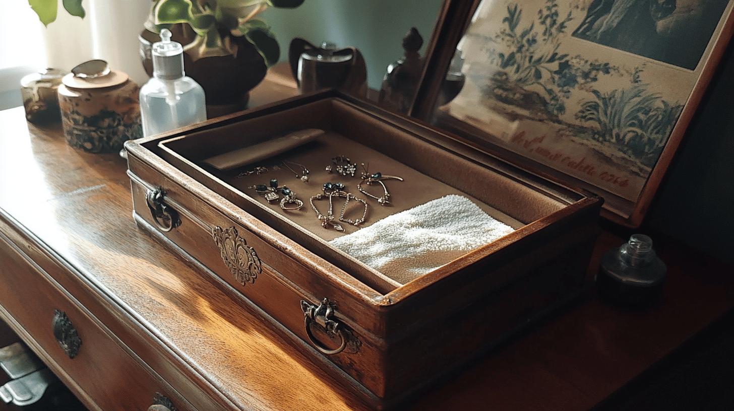 a mahogany jewellery box with a glass top, showcasing a small amount of dainty golden jewellery next to a white cloth.