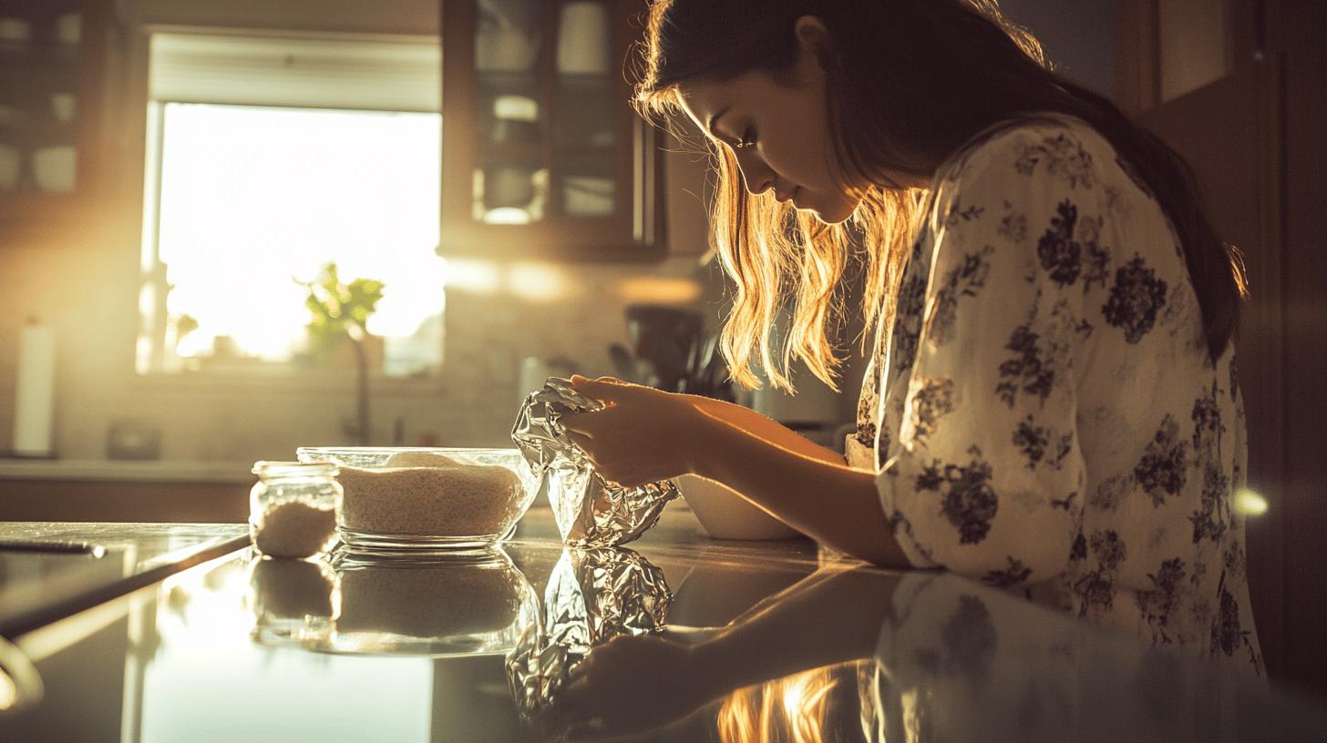 a woman wearing a floral dress, leaning onto a shiny worktop whilst holding a piece of jewellery that is sat beside a large glass bowl of rock salt.