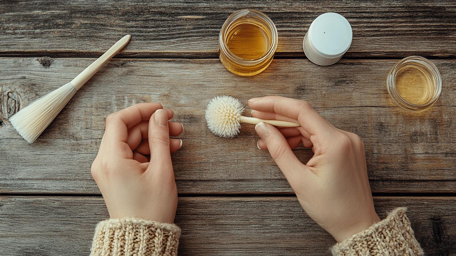  a pair of hands holding a petite brush, on top of a wooden table, alongside pots containing a yellow/orange vinegar.