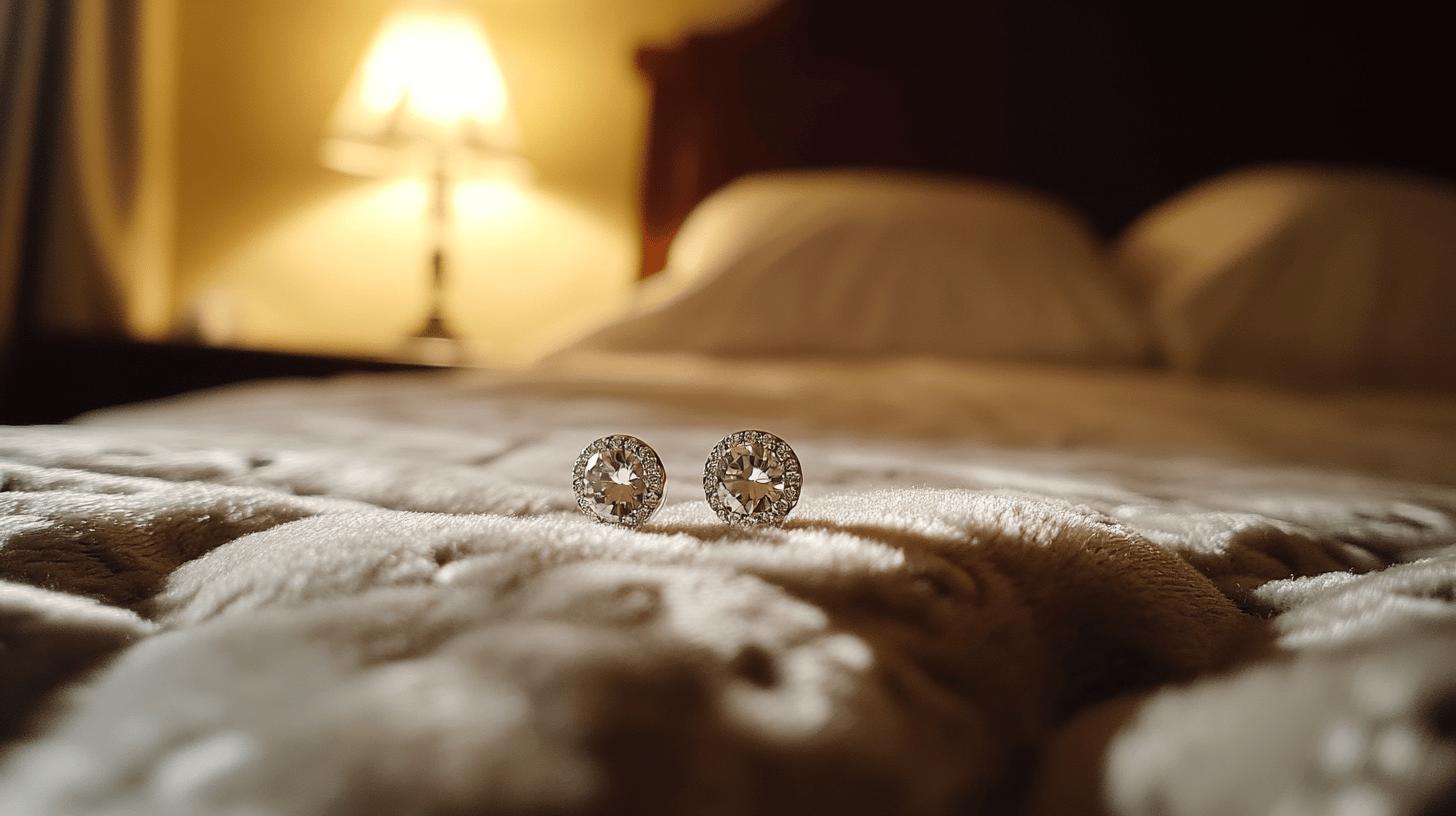 Women's Dimond earrings rested on a bed in a bedroom