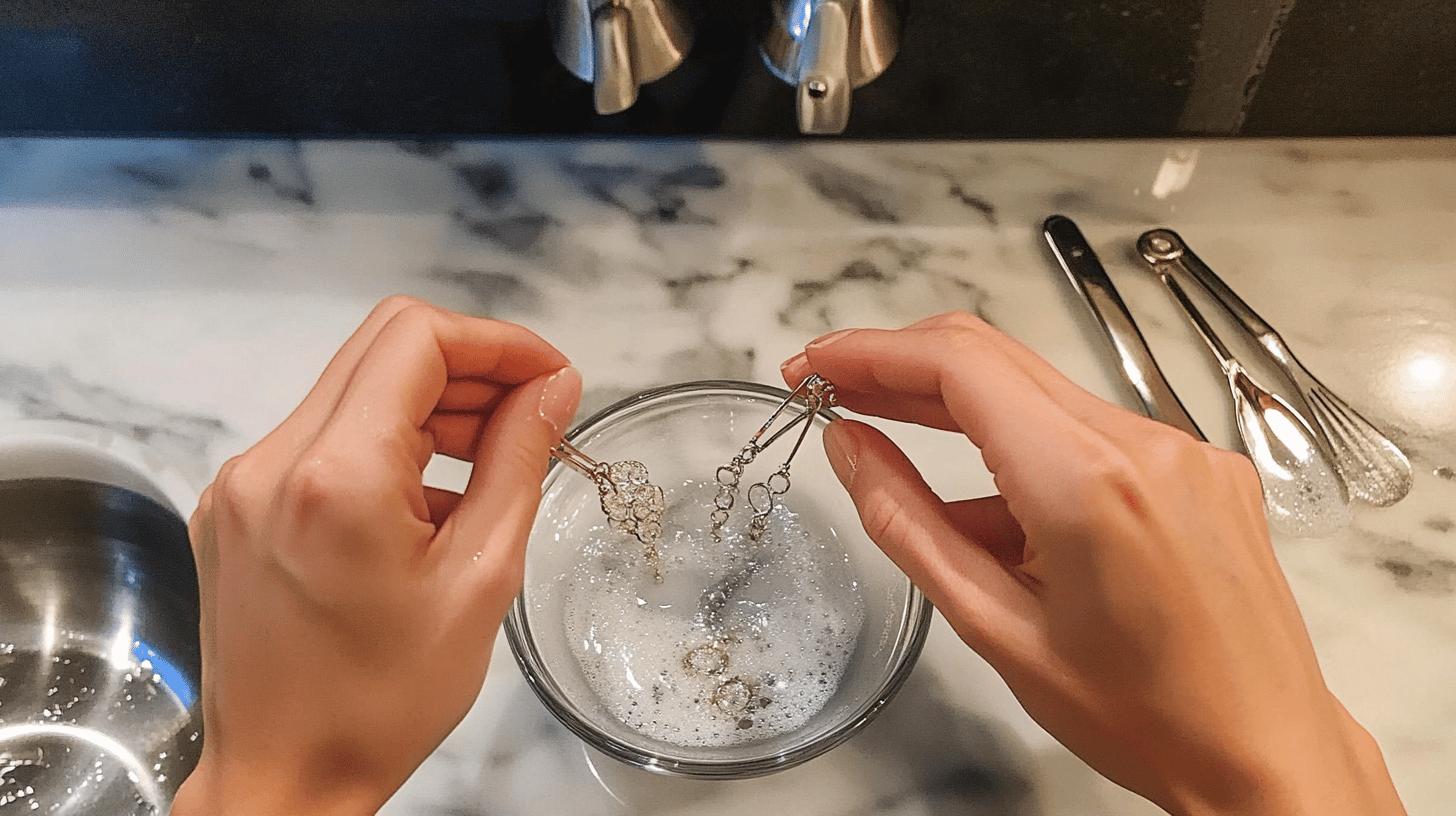 Women's hands washing earrings in a bowl of soapy water in a bathroom