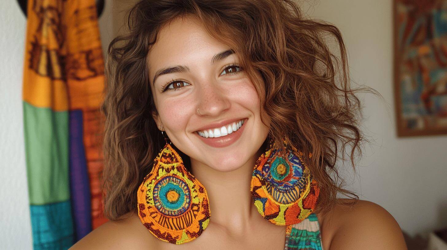 Women Wearing Colourful Large Earrings Made Of Beads